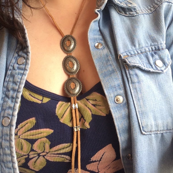 Leather and Concho necklace, Bolo necklace, Long Leather Concho necklace, triple concho necklace