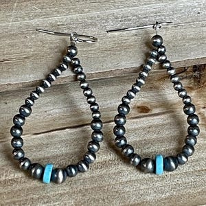 Sterling Silver Southwestern Navajo Style Pearl & Turquoise Bead Hoop Earrings Western Native Style jewelry bohemian