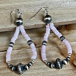 Sterling Silver Southwestern Navajo Style Pearl & Pink Conch Bead Hoop Earrings Native style western jewelry