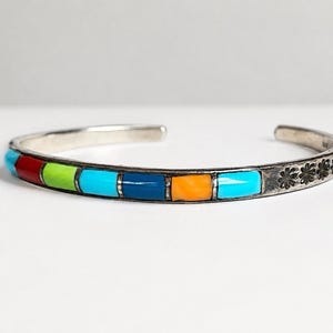 Vintage Sterling Silber Zuni Multi Stein Inlay Manschette Armband, Bunt Türkis Southwestern Stacker, Koralle, Spiny Oyster, Lapis, Gaspeite