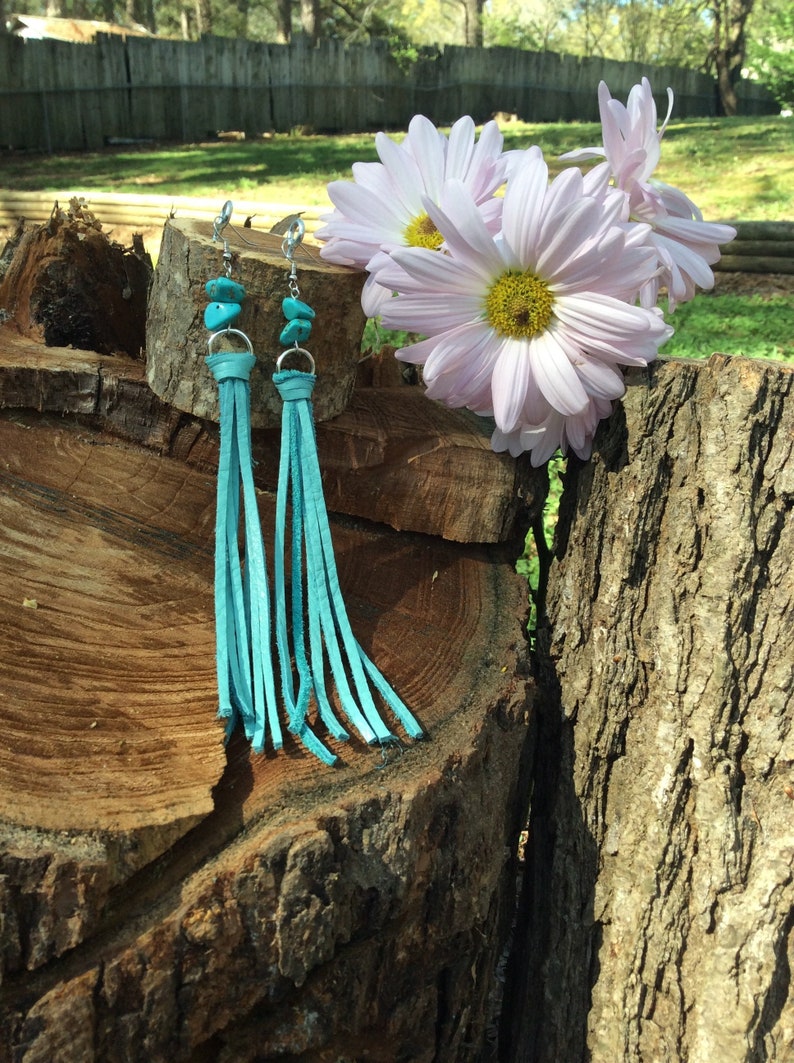 Extra Long Leather Tassel Earrings-turquoise Fringe Leather - Etsy