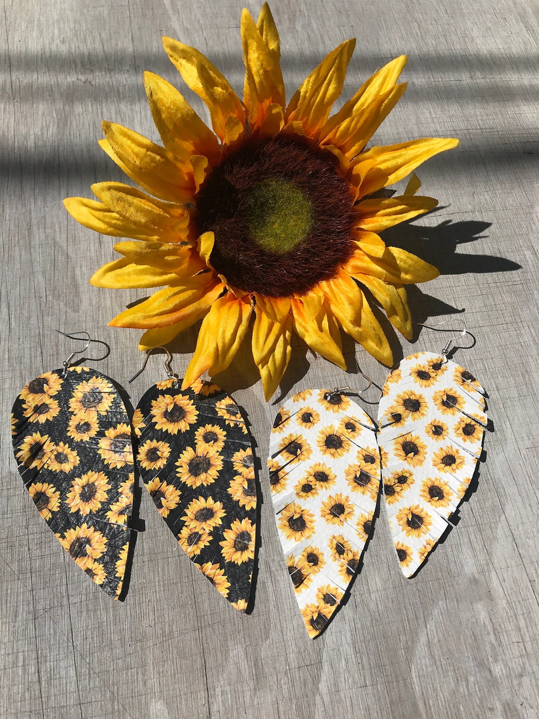 Sunflower Leather Earringsfeather Earringsblack White Yellow Etsy