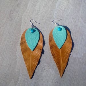 Tan & Turquoise Leather Feather Earrings,Large Bohemian Earrings,Gypsy Nature-boholeathercraft image 3