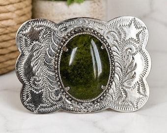 Vintage Western Belt Buckle Green Cabochon Nickel Silver Southwestern Cowboy