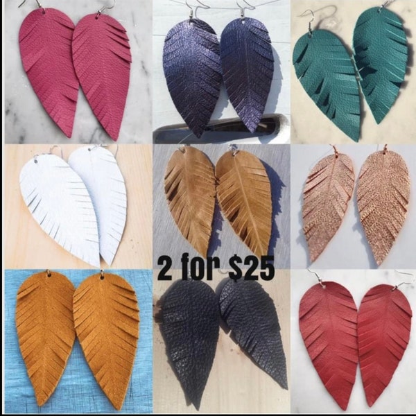 Leather Earrings,2 for 25, Feather Earrings,You pick colors,womens gift, gift for her, boho fashion