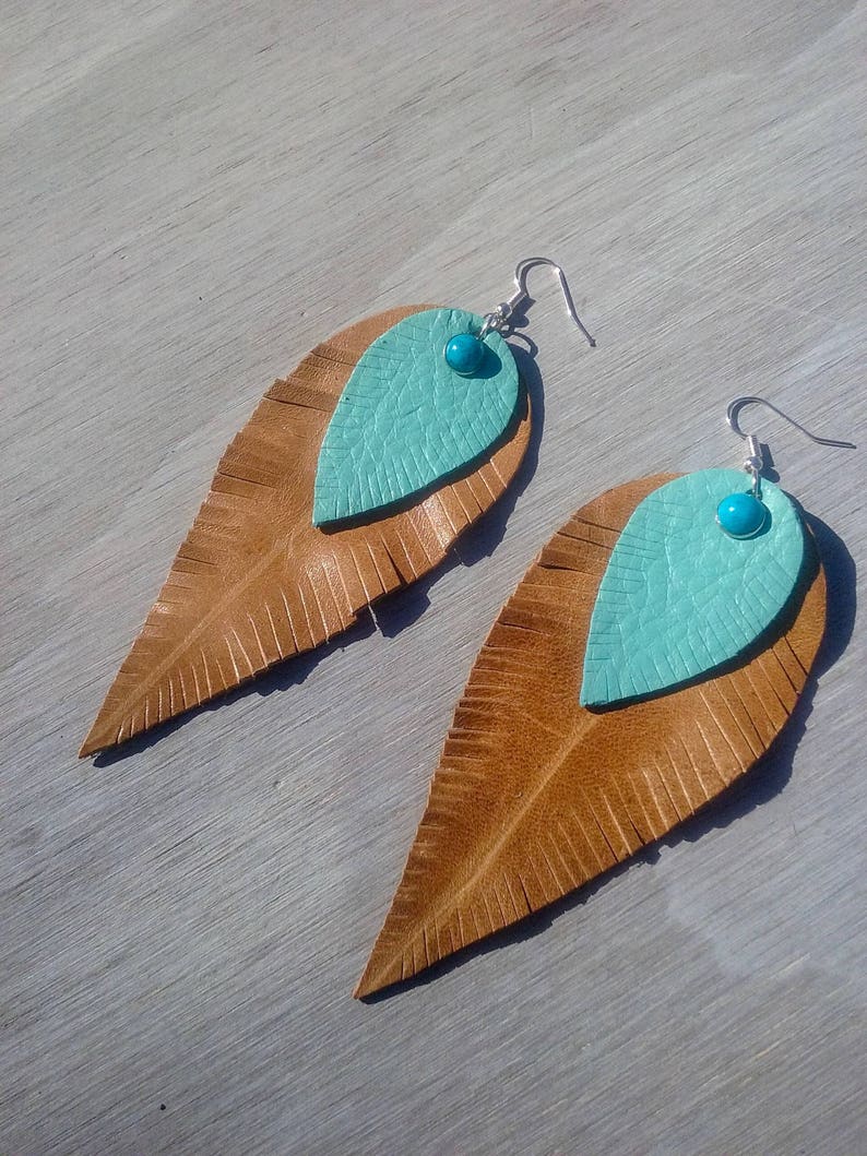 Tan & Turquoise Leather Feather Earrings,Large Bohemian Earrings,Gypsy Nature-boholeathercraft image 2