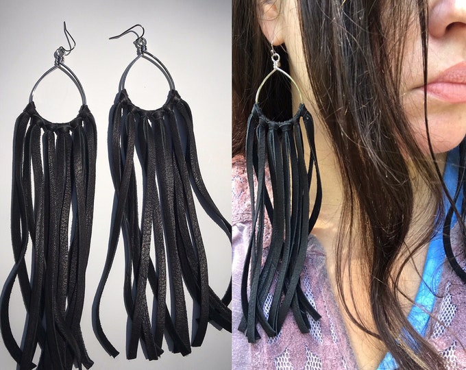 Black long leather tassel earrings- fringe leather earrings on hoop-western jewelry-boholeathercraft-gift for her