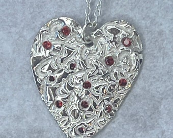 Silver heart pendant with red cz crystals-Fine Silver Necklace-multi stone-Pendant Gift for sparkle Lover-PMC Jewelry-bling-Valentine