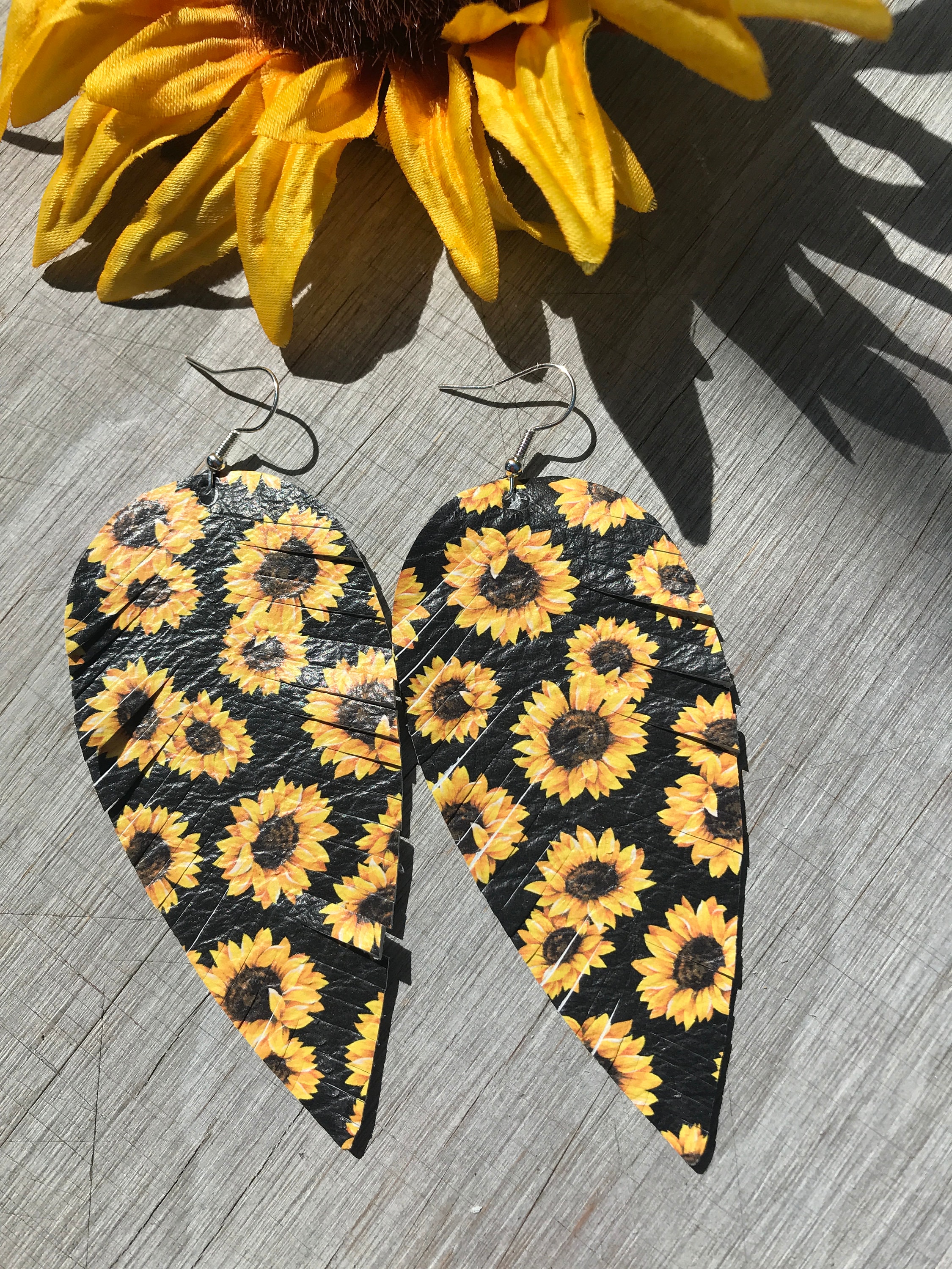 Sunflower Leather Earringsfeather Earringsblack White Yellow Etsy