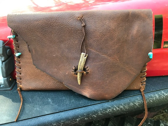 The Wapiti Leather clutch western purse handmade handbag brown turquoise beads elk antler toggle