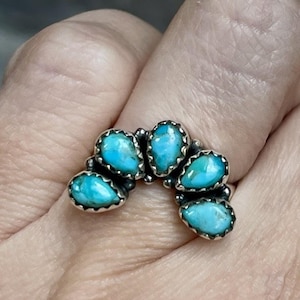 Turkos Cluster Ringförstärkare Justerbar Sterling Silver Guard Sydvästra Stapling Boho Western JewelryWestern