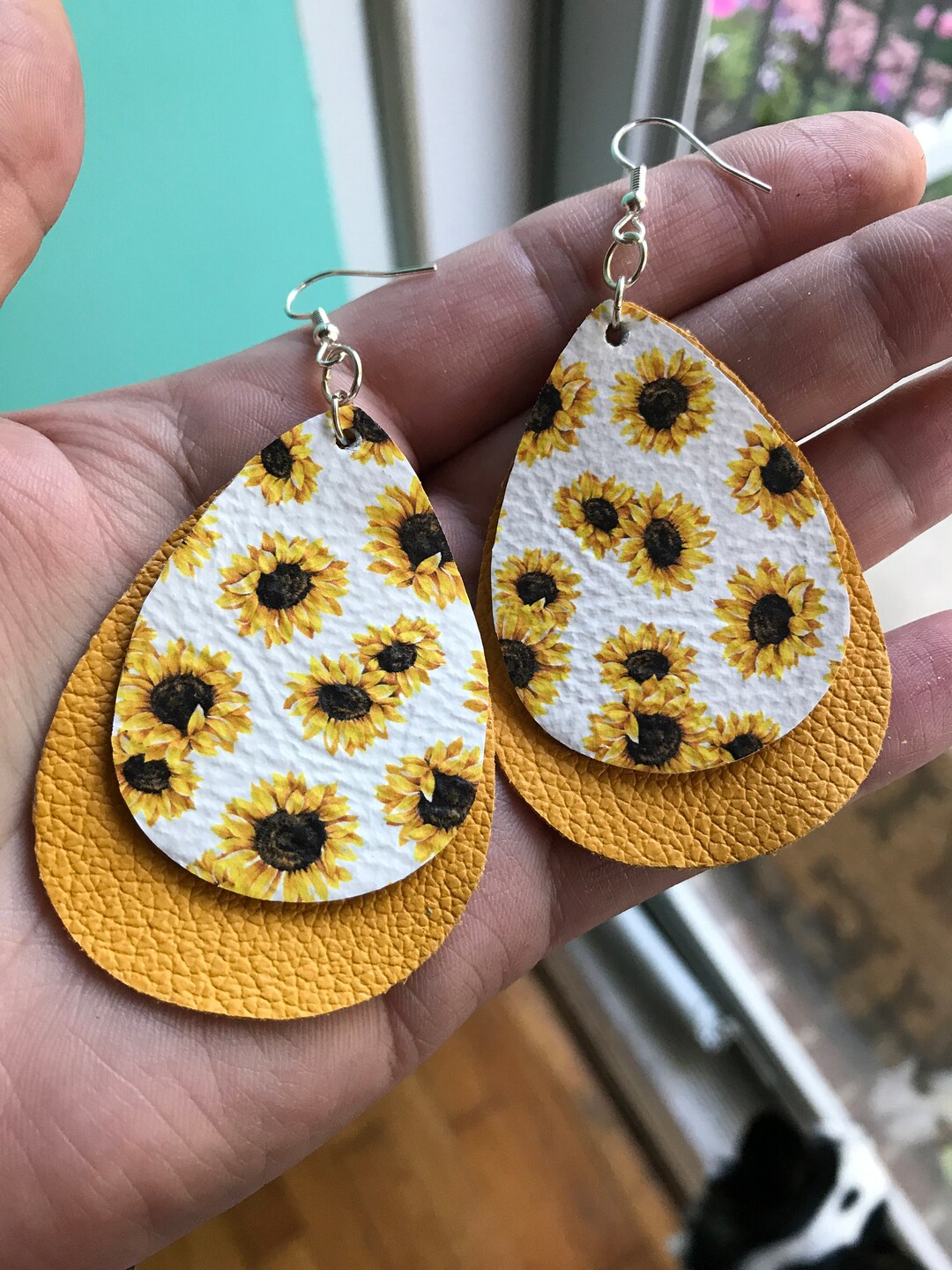 Sunflower Leather Earrings Yellow and White Teardrop Etsy