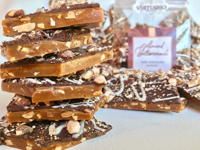 English Toffee: 4oz Buttercrunch Toffee Dark Chocolate Almond Buttercrunch Milk Chocolate Almond Buttercrunch Toffee Gift image 1