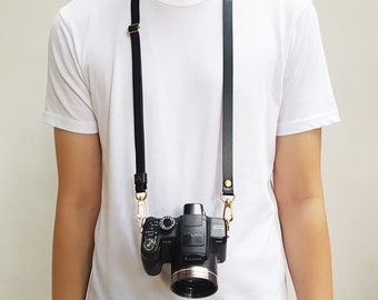 Black Minimalist Personalised Camera Strap Italian Leather Crossbody Custom Handmade Monogram Avaloncraft Skinny Strap
