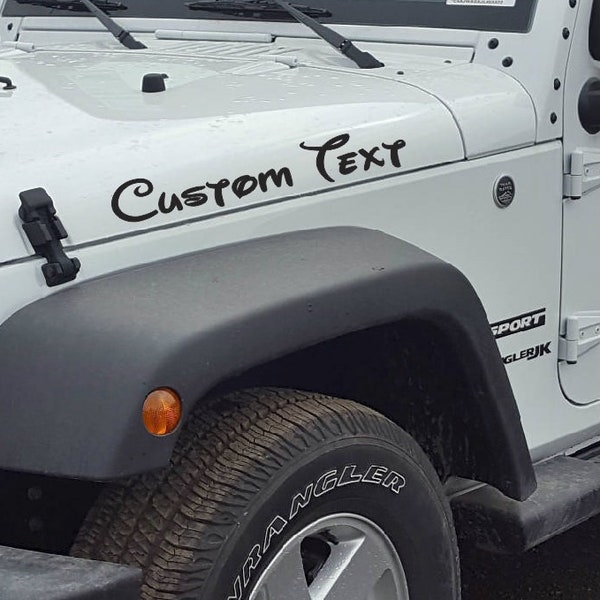 Set of TWO custom text fender Decals Fits Jeep Wrangler bumper TJ JK cj yj  vinyl Personalized Graphics design Lettering