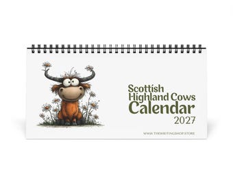Scottish Highland Cows Desk Calendar 2027 | Cartoon Animal Art, Gift