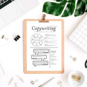 Pode incluir: Uma folha de dicas de copywriting em preto e branco com um diagrama do modelo AIDA e uma seção sobre a técnica de venda FAB. A folha de dicas inclui o texto "Copywriting" e "CHEATSHEET".