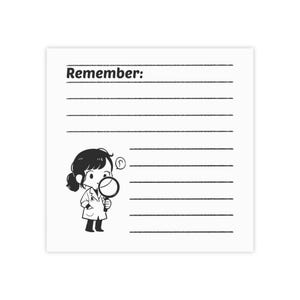 May include: White notepad with the text "Remember:" at the top. A cartoon illustration of a person in a lab coat holding a magnifying glass is on the left. The notepad has horizontal lines for writing.