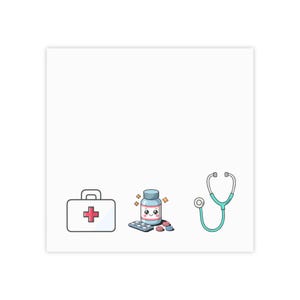 May include: An illustration featuring medical-themed icons. A white first aid kit with a red cross, a blue medicine bottle with pills, and a teal stethoscope are depicted. The icons are outlined in black on a white background.