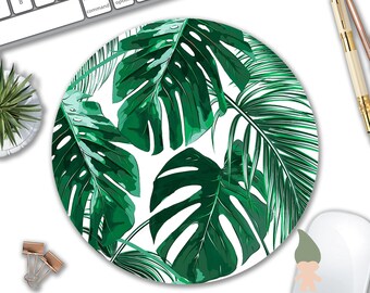 Tropical Leaf Mousepad - Mat - Round or Rectangle - Beautiful Design - Leaves Green with White Background - Mouse pad Co worker Gift