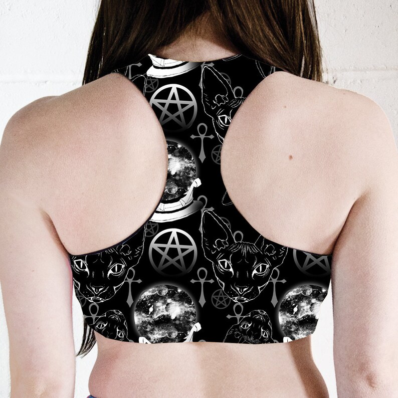 Sports Bra Gym Top Goth Sports Bra Fitness Top Bastet Sphynx Cat Occult Racer Back Crop Top Workout Top Pole Fitness Top