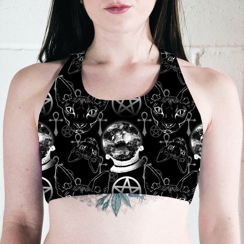 Sports Bra Gym Top Goth Sports Bra Fitness Top Bastet Sphynx Cat Occult Racer Back Crop Top Workout Top Pole Fitness Top