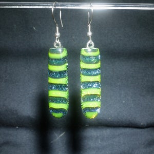 Retro 80&#39;s &#39;Candybean&#39; series blue and yellow,Handmade fused dichroic glass dangle earrings.Dr Sawfish 2023