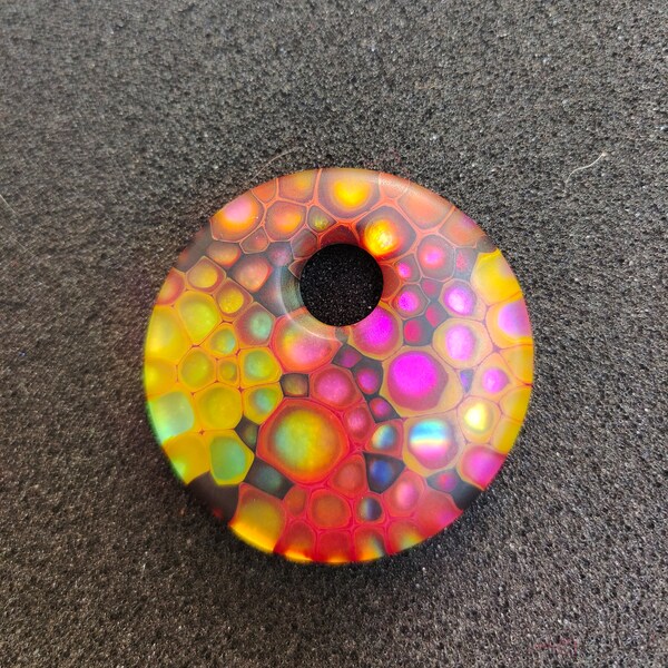 Summer dragonskin fused dichroic glass dot pendant.Handmade one of a kind art jewellery.Dr Sawfish 2022