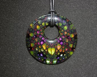 Fused dichroic glass dragonskin pendant.Handmade one of a kind art jewellery.Dr Sawfish 2022