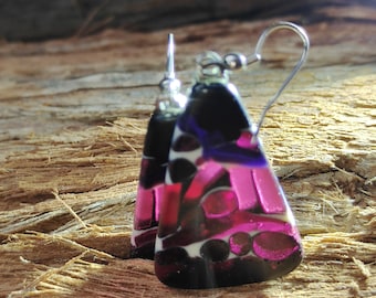 Hot pink/gold  transparent handmade fused glass earrings.Dr Sawfish 2024