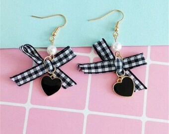 mini ribbon bow heart earrings