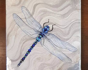 Dragonfly painting mixed media picture canvas hanging Beasts Botanicals silver leaf acrylic paint metallic ink archive print turquoise blue