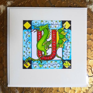 Ensemble de 4 cartes d'art de voeux Dragon de l'Ouest ailé, lettre médiévale monogramme initiale peinte à la main + enveloppe France anniversaire bébé mariage