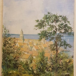 Peinture à l'huile française Saint Tropez signée sur toile paysage marin sud de la France Méditerranée vintage village de la mer galerie d'art salon