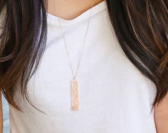 Long boho necklace, Long silver necklace, Silver boho necklace, Rose gold long necklace, Rectangle pendant, layering stick, geometric