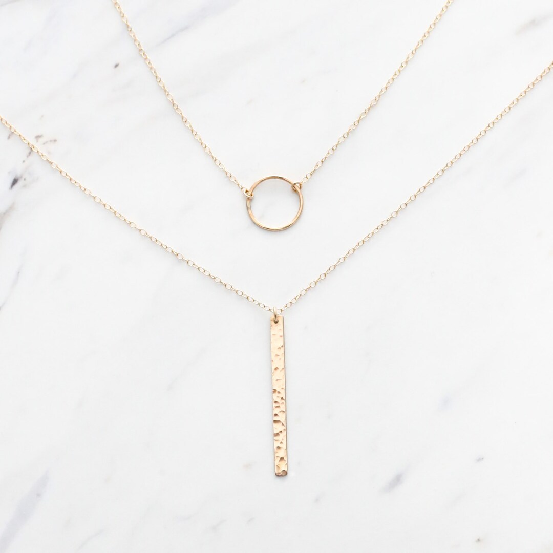 Dainty Circle Necklace /gold Vertical Bar Necklace Set, Karma Necklace