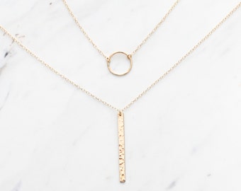 Dainty Circle Necklace /Gold Vertical Bar Necklace Set,  Karma Necklace, Eternity, Open ring necklace, Minimalist, Bridesmaid jewelry gift