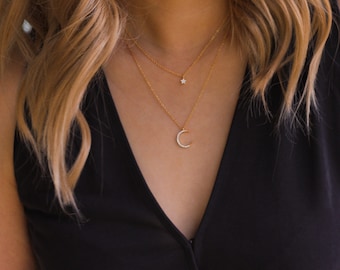 Star and Moon Necklace, Crescent Moon Necklace, Gold Moon Necklace, Crescent necklace, Moon Pendant, Moon and star necklace