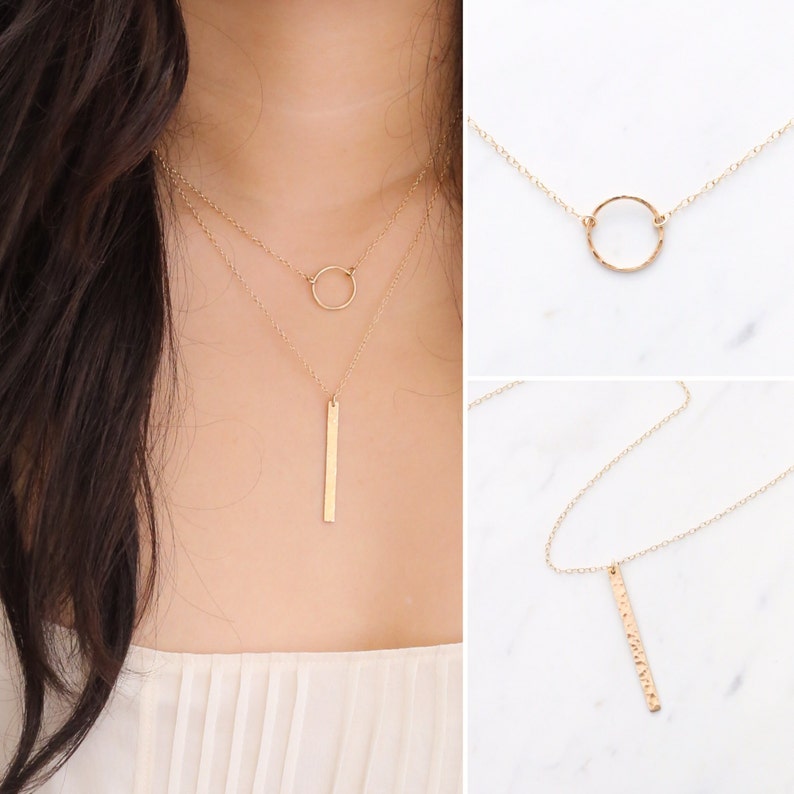 Dainty Circle Necklace /gold Vertical Bar Necklace Set Karma Etsy