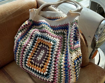 おばあちゃんのスクエアバッグ、かぎ針編みバッグ、ハンドメイド