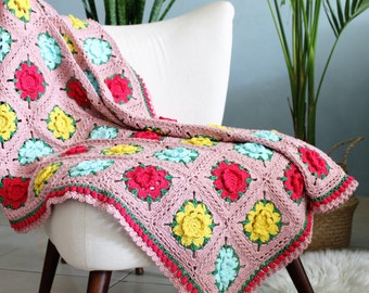 Crochet flower blanket, Crochet pink blanket, Crochet rose blanket, Colorful granny, Throw blanket boho, crochet blanket, colorful blanket