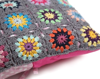 Gray pillow, Granny square crochet, Colorful pillows, Square cushion, Handmade pillow, Nursery pillow cover