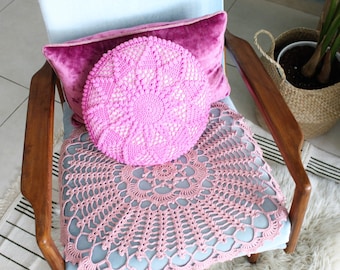 Crochet pink pillow, Round pillow, Pink nursery pillow cover, Throw crochet pillows, Vintage crochet pillow