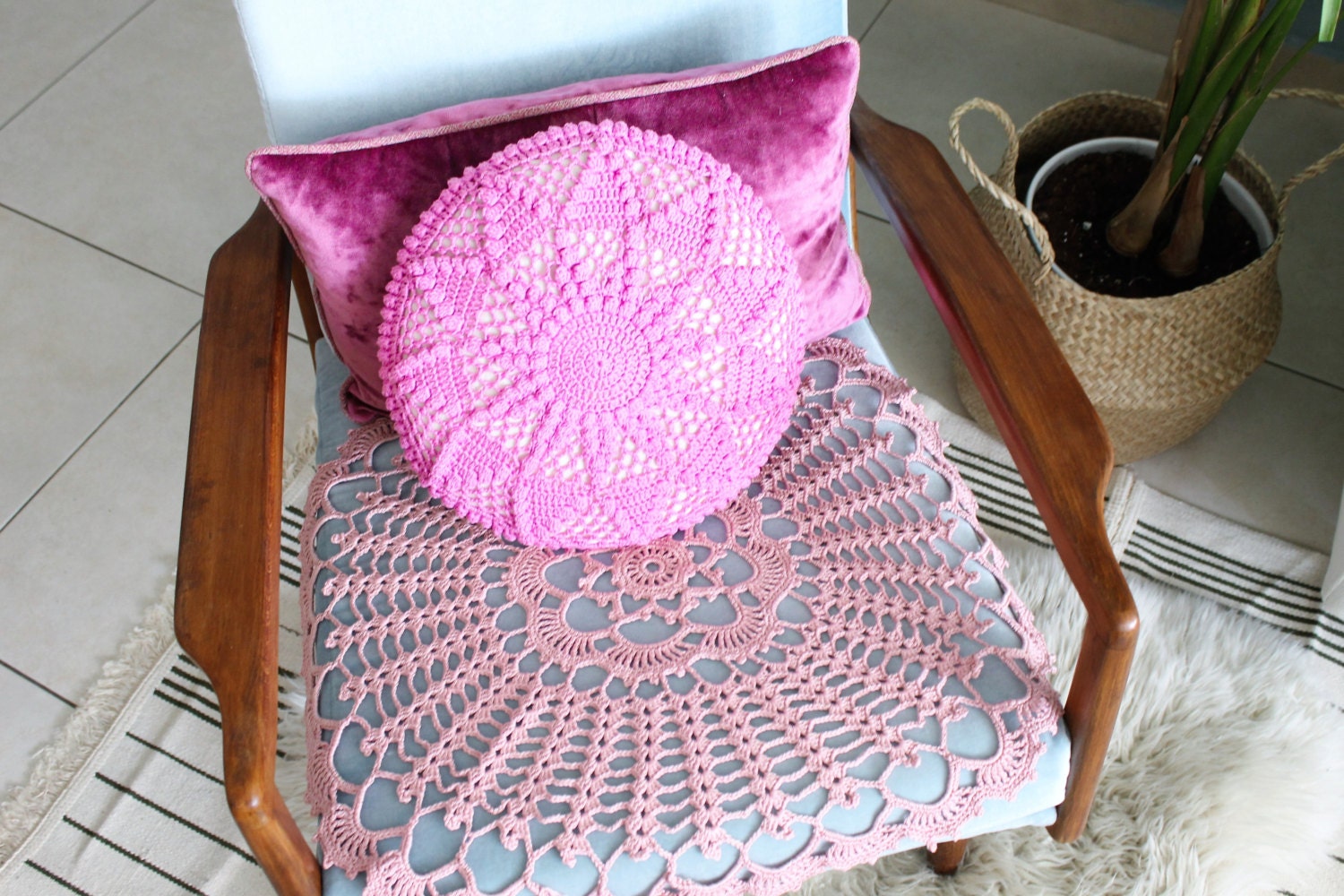 Crochet Pink Pillow, Round Pillow, Pink Nursery Pillow Cover, Throw