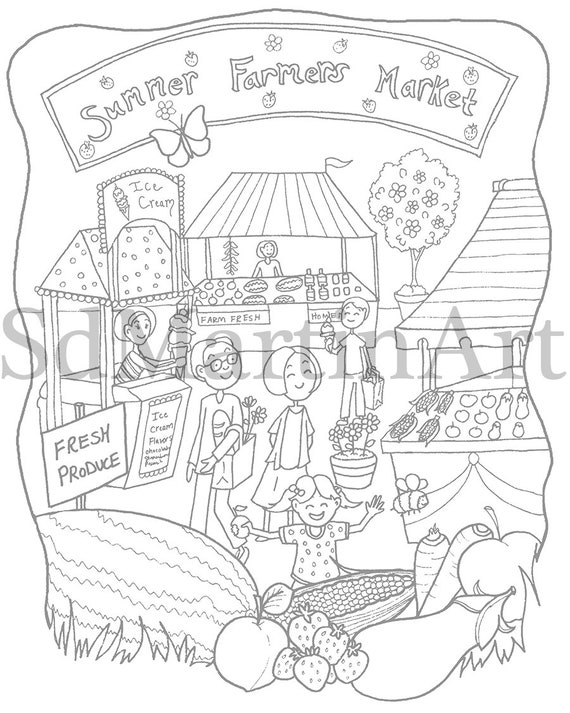 Summer Farmers Market-printable Adult Coloring Book Page-for Adults, Teens  and Kids-digital Download 