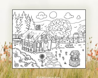 Cozy Cottage Coloring Page: Hand-Drawn Illustration (Digital Download)