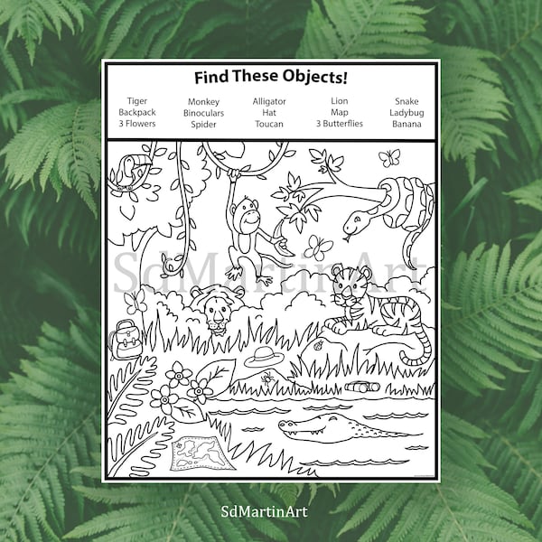 Seek and Find-Printable Coloring Activity Page for Kids, Teens and Adults-Jungle-Instant Download-PDF