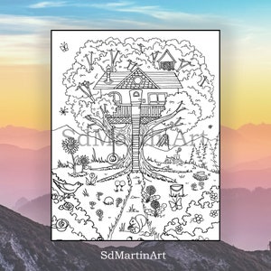 Happy Little Tree House - Printable Adult Coloring Book Page - for Adults, Teens and Kids - Coloring sheet - Instant download