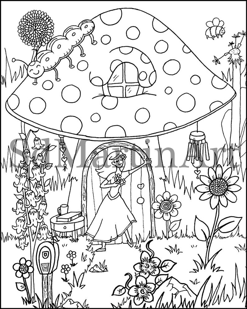 Fairy Mushroom House-printable Adult Coloring Book Page-for | Etsy