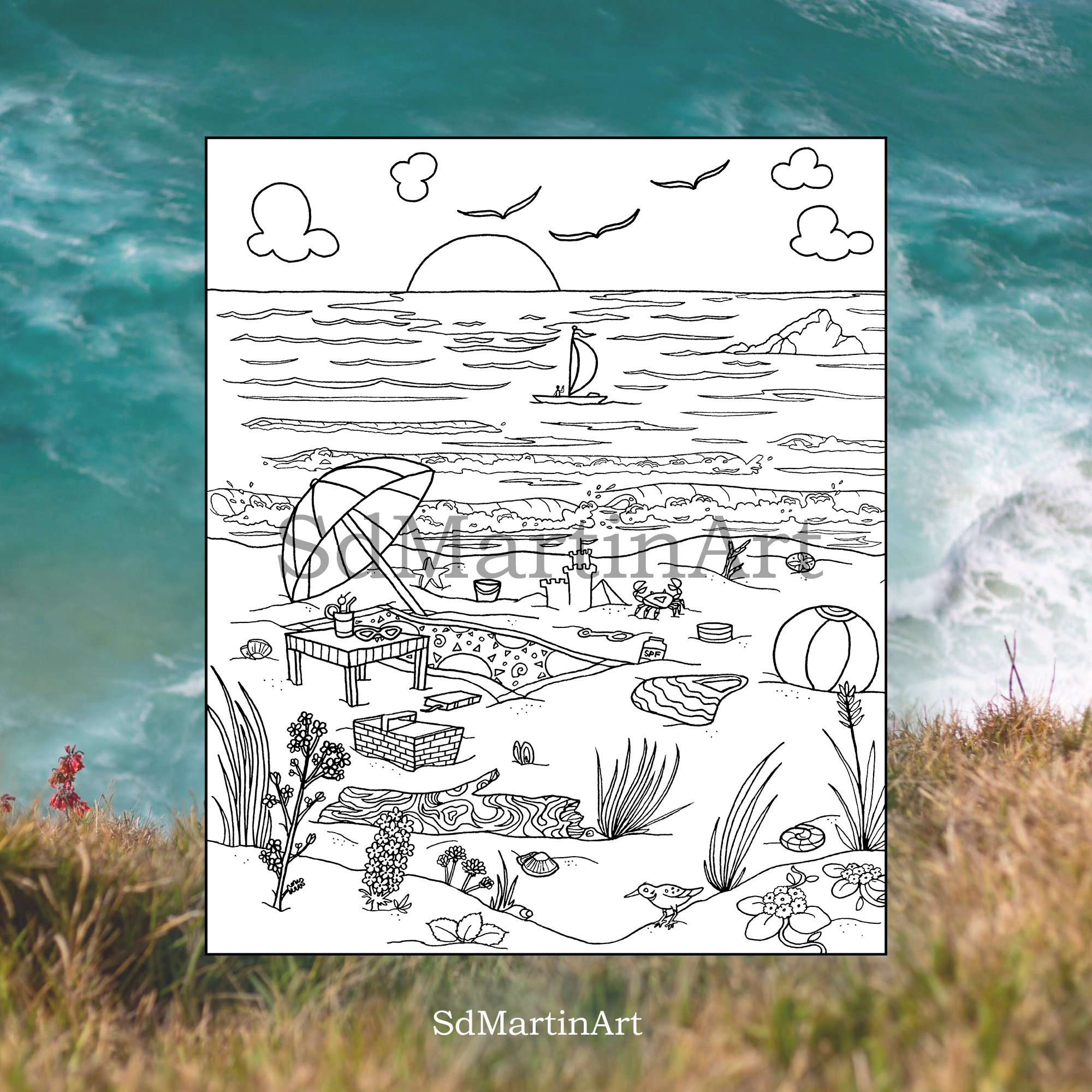 Download Sandy Beach-Printable Adult Coloring Book Page-For Adults ...